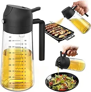 rendPlain 16oz/470ml Glass Olive Oil Sprayer for Cooking – 2 in 1 Olive Oil Dispenser Bottle for Kitchen Gadgets and Air Fryer Accessories, Salad, BBQ - Black